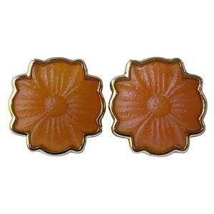 1990s Trifari Polished Gold Plate Orange Lucite Resin Flower Clip Earrings
